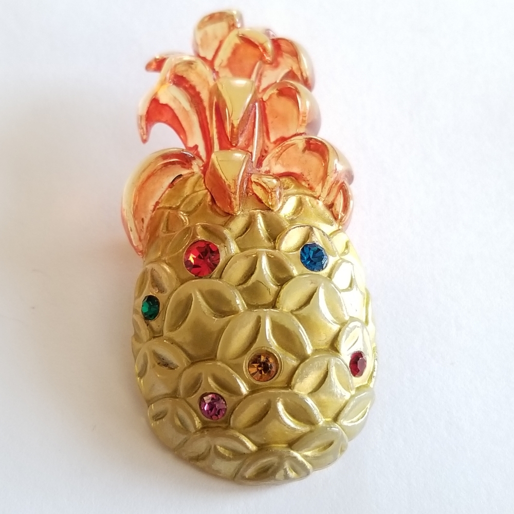 Vintage pineapple brooch orange gold colorful rhinestones plastic fruit pin